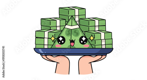 Cartoon illustration of a smiling green triangular sushi piece on a blue plate held by two hands with stacks of green bills in the background.