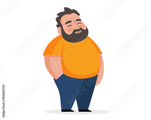 A happy chubby man with a dark beard wearing a casual orange t-shirt and blue trousers standing with hands in pockets on white background symbolizing confidence, relaxed lifestyle, and diverse body po