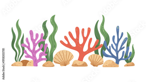 A vibrant underwater seascape illustration featuring colorful coral reefs, tropical seaweed plants, and elegant seashells on sandy seabed, perfect for marine education, aquatic nature design projects.