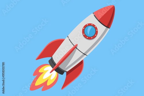 A vibrant cartoon rocket ship launching into outer space represents rapid startup business growth, successful innovation, future technology progress, cosmic adventure travel, creative education, and e