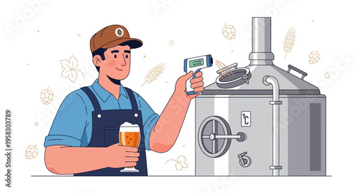 Brewery worker checks temperature of brewing equipment with infrared thermometer.