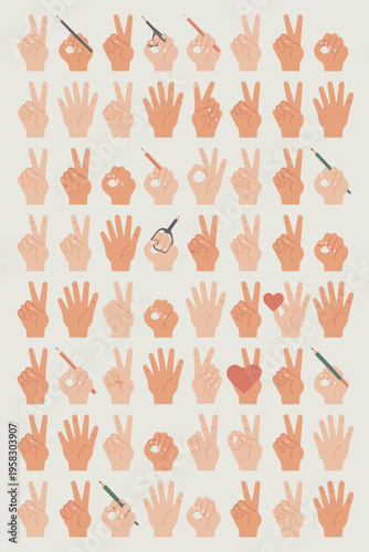 A comprehensive collection of diverse hand gestures icons set showing peace signs ok symbols written pencil grips and open palms representing communication language patterns for digital design and art