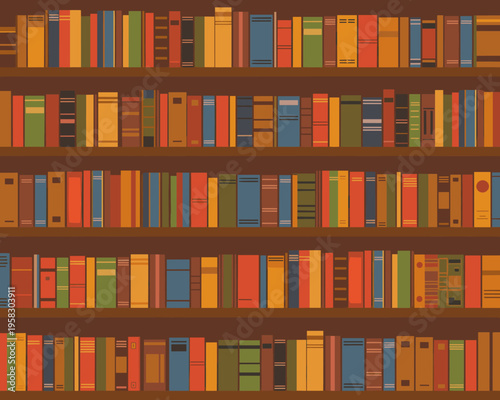 A vibrant flat vector illustration featuring a full wooden bookshelf backdrop filled with colorful hardcover books arranged neatly on shelves, perfect for educational backgrounds, library decor, or de
