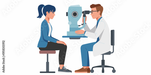 A professional ophthalmologist performs a clinical eye examination on a young female patient using a modern slit lamp machine in a bright medical clinic setting for vision checkup and vision health ca