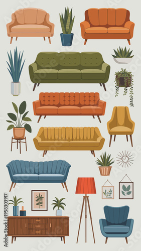 Set of mid-century modern furniture collection featuring colorful plush sofas, upholstered lounge armchairs, wooden sideboards, floor lamps, indoor houseplants, and hanging wall art frames in flat sty