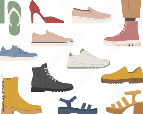 Set of modern trendy footwear icons featuring various stylish shoes sneakers boots sandals high heels and summer slippers illustrated in a flat vector design perfect for fashion retail marketing comme