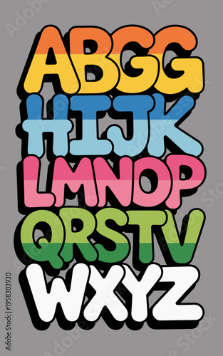 Fun retro bubble font alphabet poster featuring multicolored layered letters for creative educational designs kids playroom decor vibrant typography art project surface print school supplies school cl