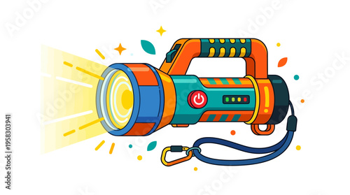 Brightly Colored Modern Flashlight Emitting Light.