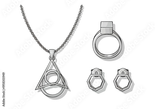 Elegant geometric jewelry set featuring a pendant necklace, a ring, and two matching earrings