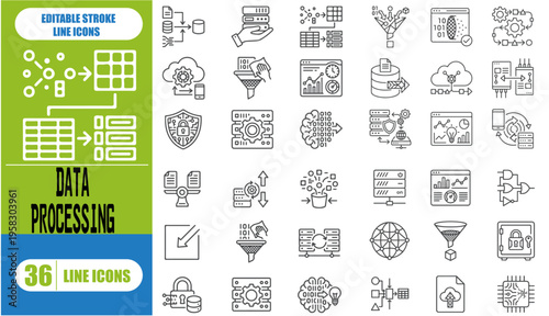  Data processing and system configuration line icon set. Vector pictograms of mobile sync, data funnels, server management, workflow, cloud, security, and user settings, thin linear illustration. 