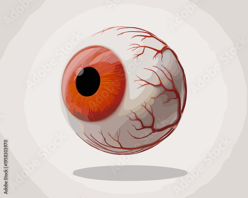 A detailed 3D render of a realistic human eye featuring a striking orange iris, intricate red vascular systems, and bloodshot veins against a clean studio background for medical science and vision res