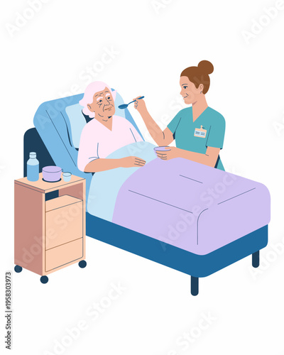 Caring nurse assisting an elderly woman with feeding in a hospital bed, medical caregiver providing compassionate support to a female patient, healthcare professional at work in a nursing home care fa