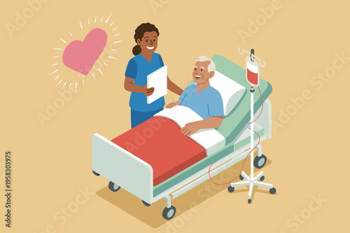 Caring nurse checking patient health status in hospital bed for medical treatment, supportive healthcare professional monitoring elderly man recovery with IV drip infusion, heart icon symbol of compas