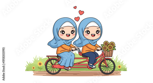 Two cartoon women wearing blue hijabs ride a red bicycle with flowers in a basket on a path with grass and flowers.