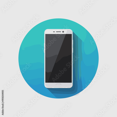 Minimalist white smartphone device isolated on a vibrant circular blue gradient background with long cast shadow effect representing modern digital communication connectivity business productivity mob
