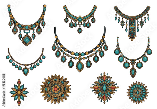 Collection of exquisite and ornate turquoise and gold necklaces and pendants, showcasing intricate designs
