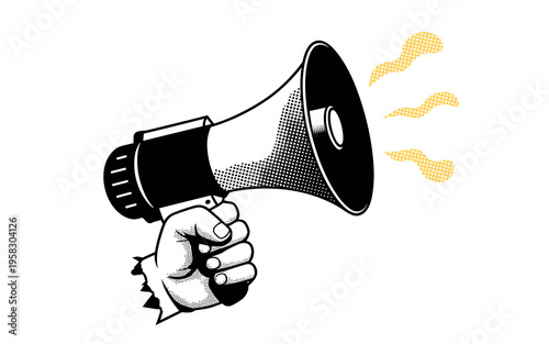 Black and white hand holding a megaphone illustration representing protest activism or social announcement, bold graphic design for marketing communication campaigns, public awareness message concept 