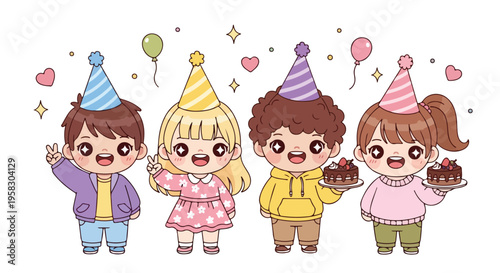 Four cartoon children wearing party hats and celebrating with cake and balloons on a white background with a joyful mood.