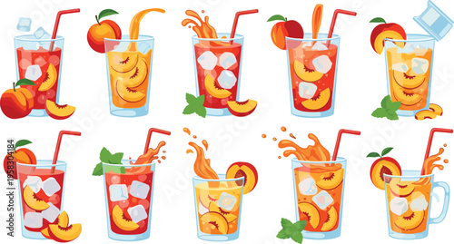 Peach refreshing drinks vector set with iced beverages, fruit slices and splashes, summer cocktail and juice collection isolated on white background illustration