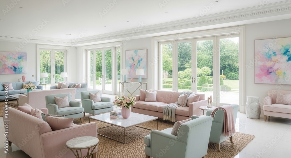 Fototapeta premium Elegant Living Room With Pastel Furniture And Garden Views