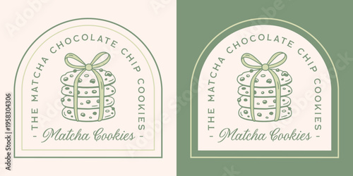 Matcha chocolate chip cookies logo Japanese green tea cream flavor label badge tag sticker packaging design. Homemade cookie stack with ribbon fancy luxury vintage aesthetic cute drawing text print.
