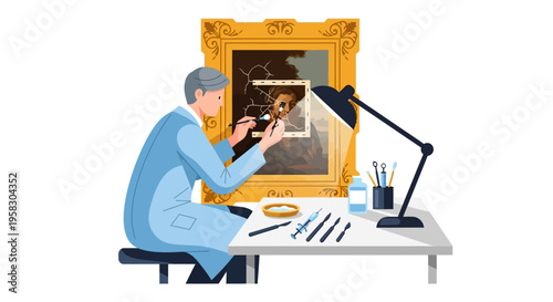 Art restorer meticulously working on a painting.
