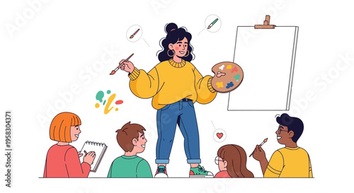 Art teacher instructing students in a creative class setting.