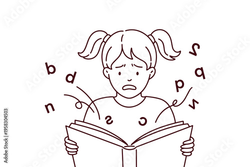 Coloring page of a young girl with dyslexia trying to read as letters fly away. Black and white line art illustrating confusion and visual stress during reading.