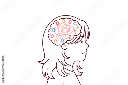Coloring page of a girl afraid to speak due to dyslexia or autism. Line art illustration of spinning thoughts and internal mental barriers for children education.