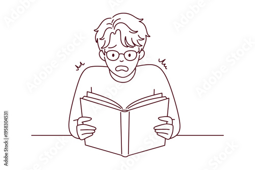 Coloring page of a boy feeling nervous while reading a book in public. Black and white line art depicting concentration and social anxiety during school tasks.