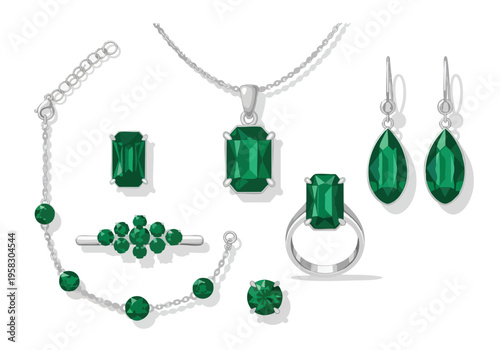 Collection of exquisite emerald jewelry, including a bracelet, necklace, earrings, and rings, showcasing the vibrant green gemstone