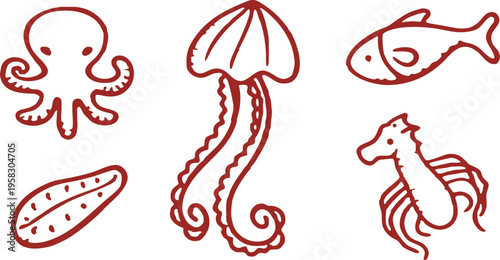 Simple Red Line Art Collection of Marine Life: Octopus, Jellyfish, Fish, Seahorse, and Shell