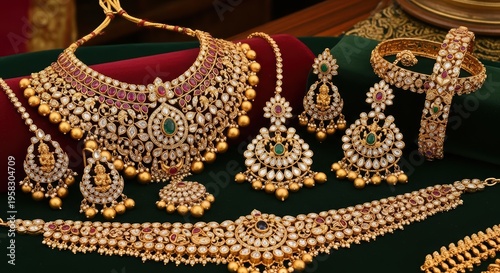 Exquisite Gold Kundan Jewelry Set with Red and Green Gems Wedding Bridal Occasion