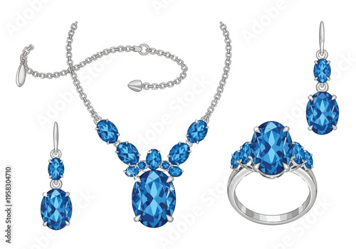 Elegant Blue Gemstone Jewelry Set Featuring Necklace, Earrings, Ring, and Bracelet with Oval Cut Stones