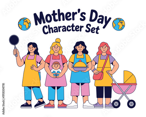 A colorful illustration of four mothers and a baby celebrating Mother's Day in a playful character set