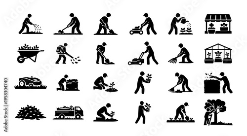 Garden Service Silhouette Set Landscaping Icons Lawn Care Gardening Work Vector Collection