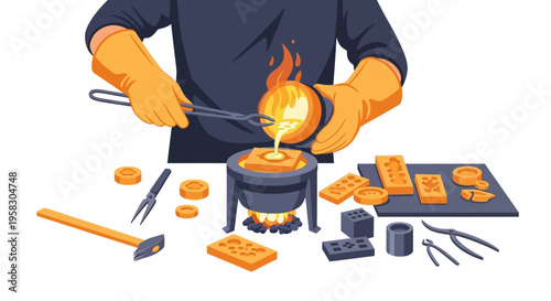 Artisan melting gold in a crucible with tools.