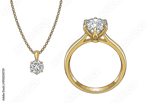 Exquisite diamond solitaire pendant necklace and engagement ring, timeless elegance in gold