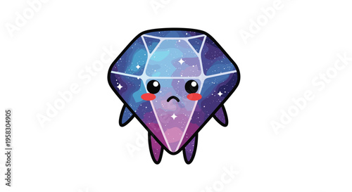 A cartoon galaxy-patterned diamond with a sad face and small legs stands on a white background.