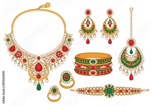 Exquisite Indian Bridal Jewelry Collection Featuring Necklace, Earrings, Bangles, Ring, Maang Tikka, and Bracelet