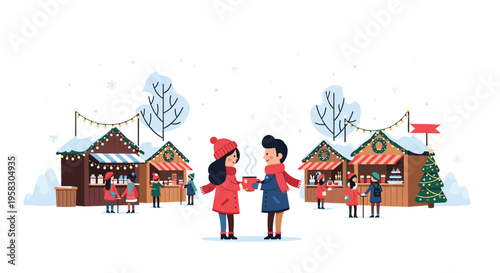A man and a woman in winter attire hold steaming mugs at a snowy outdoor winter market with festive stalls.
