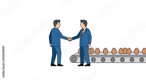 Two businessmen in blue suits shake hands next to a conveyor belt carrying brown eggs on a white background.