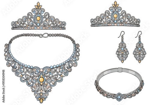Elegant and ornate jewelry set featuring a tiara, necklace, earrings, and bracelet adorned with gemstones and intricate detailing