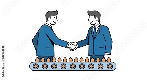 Two smiling businessmen in blue suits shake hands over a light blue conveyor belt with sixteen brown eggs on a white background.