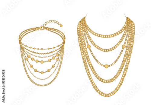 Elegant gold chain necklaces with multiple strands and beaded accents, showcasing luxurious jewelry design