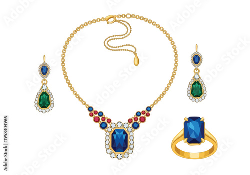 Exquisite Jewelry Set Featuring a Necklace, Earrings, and Ring Adorned with Sapphire and Emerald Gemstones