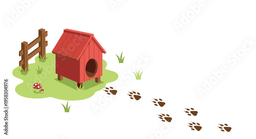 A red dog house with a wooden fence and two mushrooms sits on green grass with paw prints on a white background.