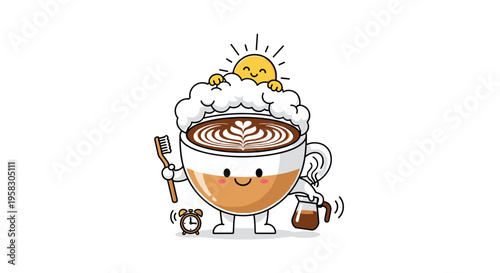 A whimsical cartoon coffee cup character holds a toothbrush and coffee pot with a sun and foam on its head.