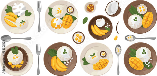 Traditional Thai mango sticky rice dessert vector set with coconut milk, sliced mango and rice dishes, Asian food illustration isolated on white background