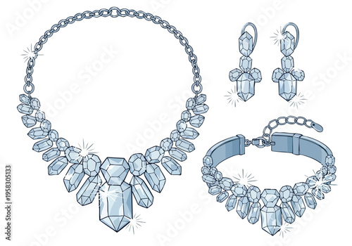 Elegant crystal necklace, bracelet, and earrings set, showcasing intricate design and sparkling brilliance for a sophisticated look